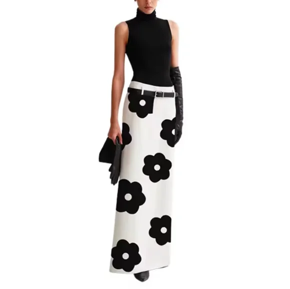 New Women's Fashion Floral PrintedSplit-Back Straight Skirts Spring Summer High